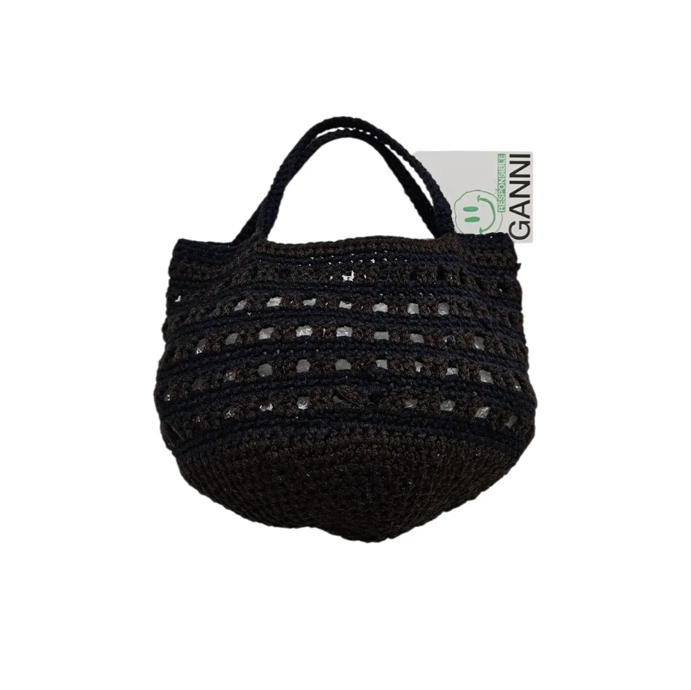 Ganni Striped Crochet Tote Bag In Brown And Navy Blue NWT
